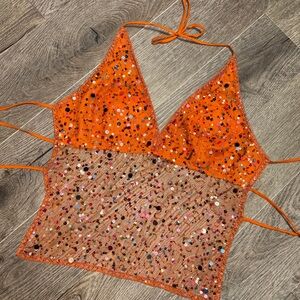 VENUS Y2K Orange Beaded Halter Cami Tie-Up Backless Top with Sequins in Medium